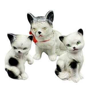 Vintage Ceramic Cat Figurines Trio With Black & White Spots Hand-Painted japan